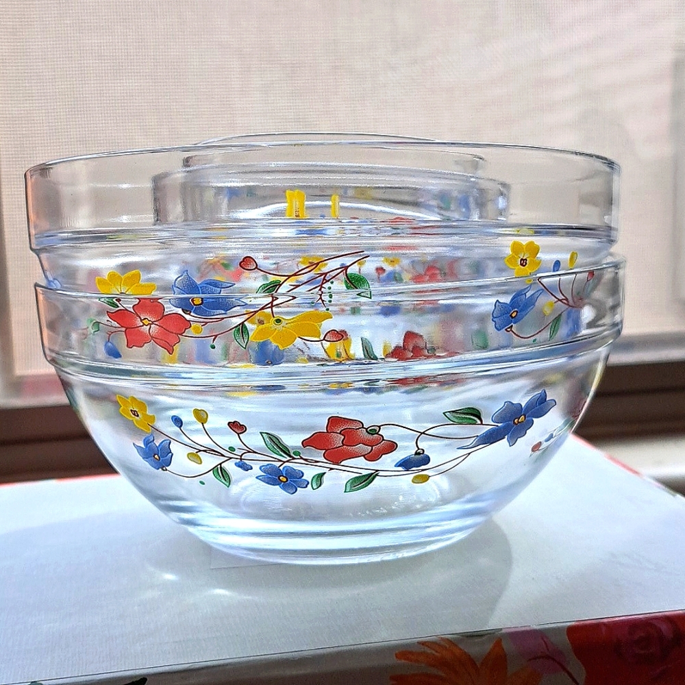 7 Vintage Durable Heat Resistant Clear Glass Nesting Bowls Floral Primary Colors
